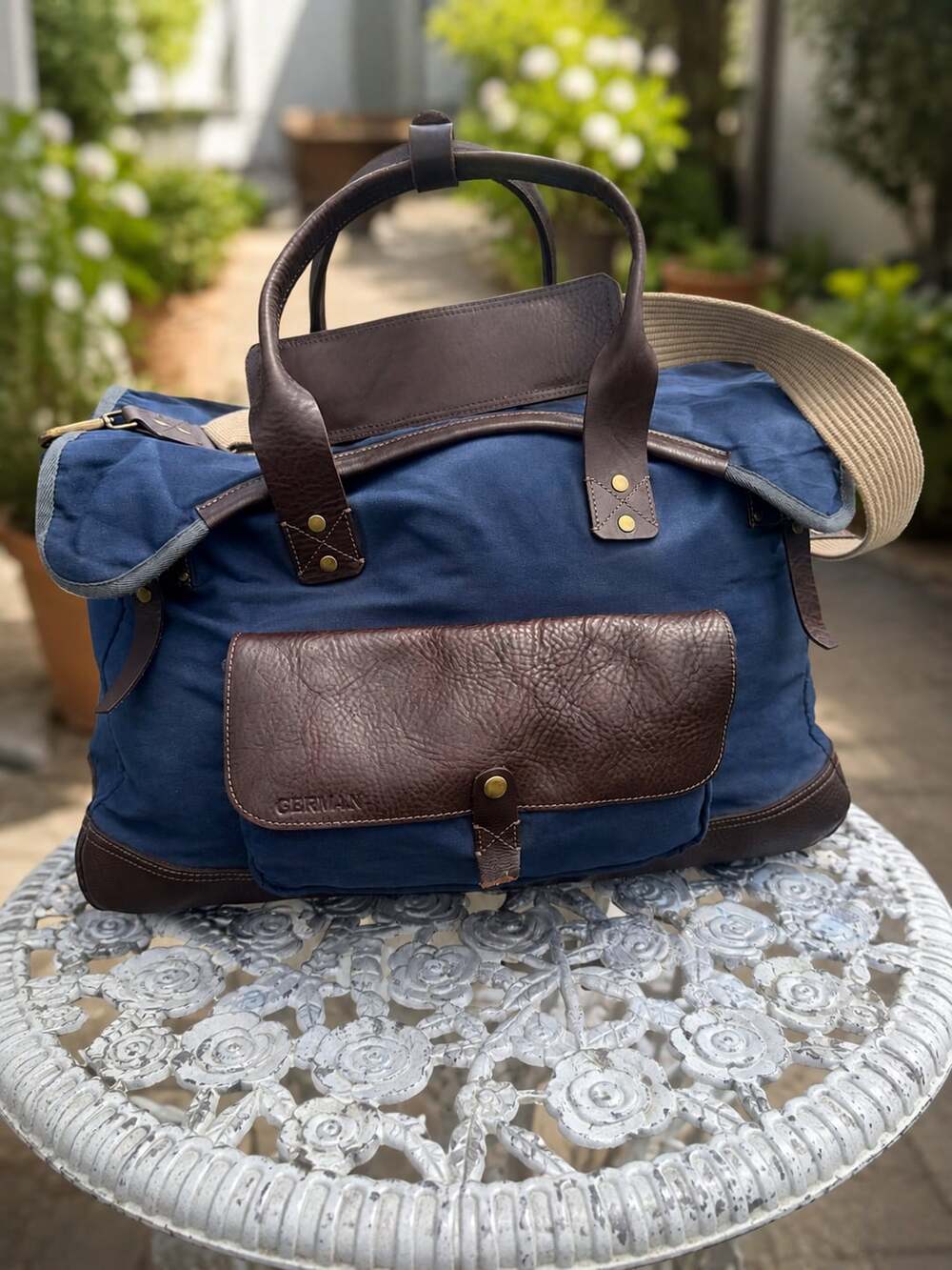 Vintage *discontinued* Will Leather Goods Canvas and Leather Duffle Bag Blue